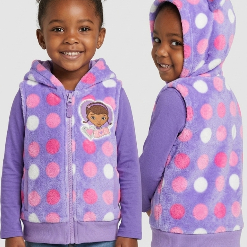 Disney Doc McStuffins  Pink & White Polka Dots Fleece Hooded Vest W/Ears 3T
